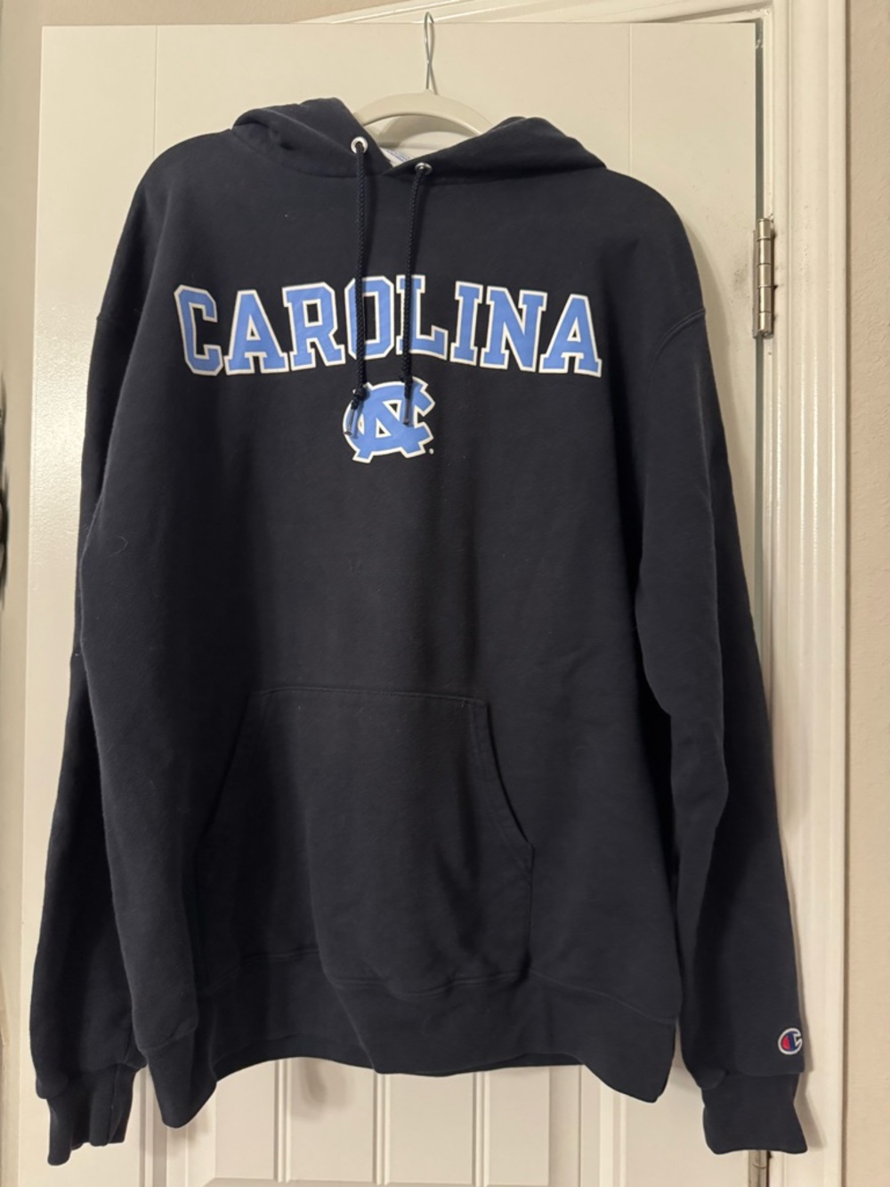 Champion North Carolina Hoodie Sweatshirt - Navy with Light Blue Logo